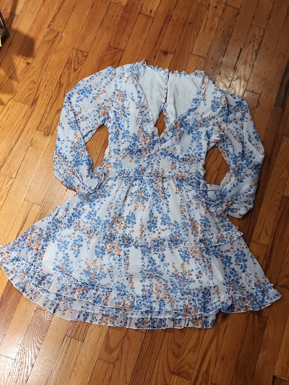 Floral Ruffle Tiered Mini Dress in Blue & Peach